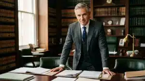 Homme d'affaires en costume gris dans une bibliothèque juridique