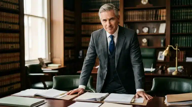 Homme d'affaires en costume gris dans une bibliothèque juridique