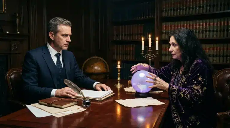 Homme en costume et femme en robe mauve consultent une boule de cristal