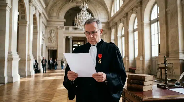 Juge en robe noire lisant un document dans un palais de justice