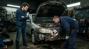 Deux mécaniciens inspectent une voiture endommagée en atelier