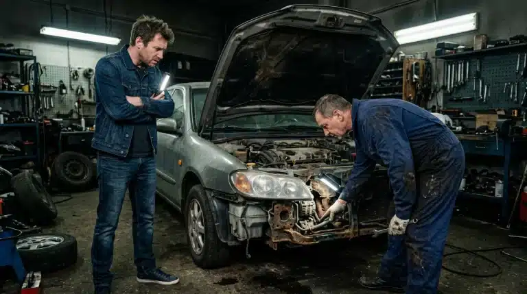 Deux mécaniciens inspectent une voiture endommagée en atelier