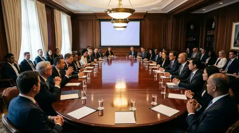 Réunion officielle autour d'une grande table ovale en bois