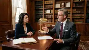 Deux avocats discutent dans un bureau classique avec bibliothèque.