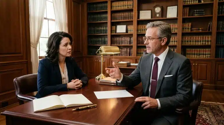 Deux avocats discutent dans un bureau classique avec bibliothèque.