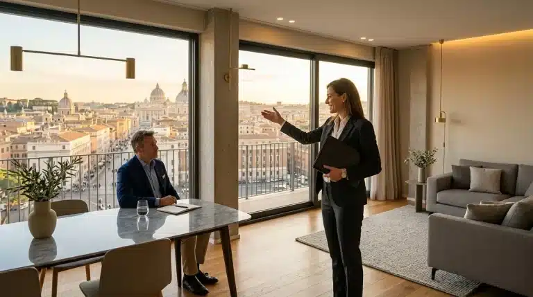 Deux professionnels en discussion dans un bureau moderne surplombant Rome