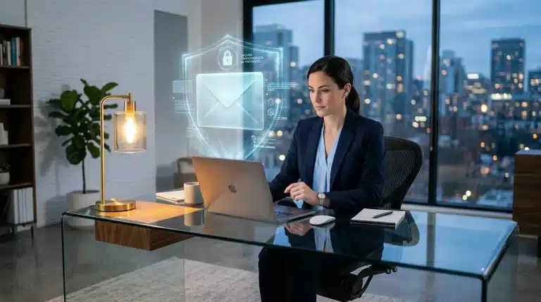 Femme d'affaires travaillant avec protection données numériques