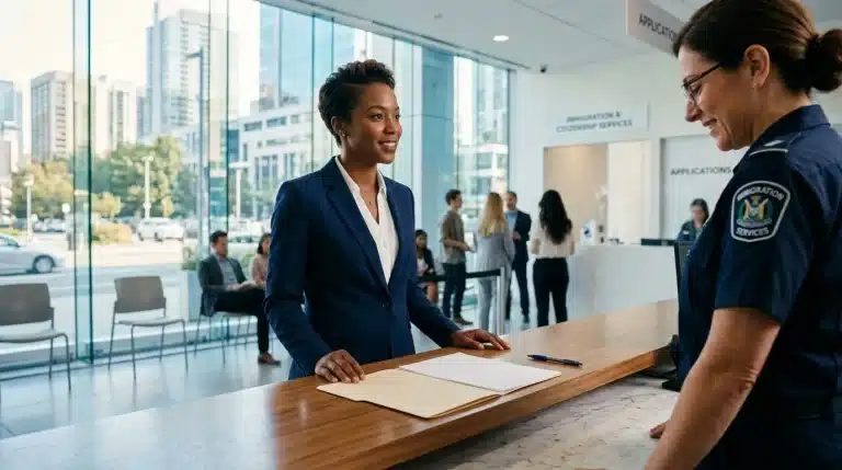 Femme en costume bleu signant des documents au guichet d'un bureau gouvernemental d'immigration