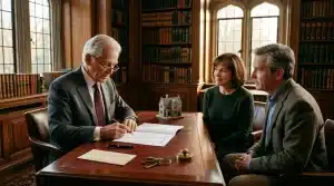 Notaire signe document avec couple dans bureau bibliothèque