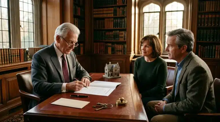 Notaire signe document avec couple dans bureau bibliothèque