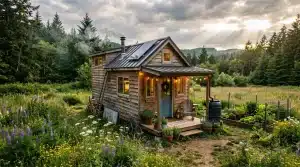 Petite maison en bois entourée de fleurs sauvages et forêt.