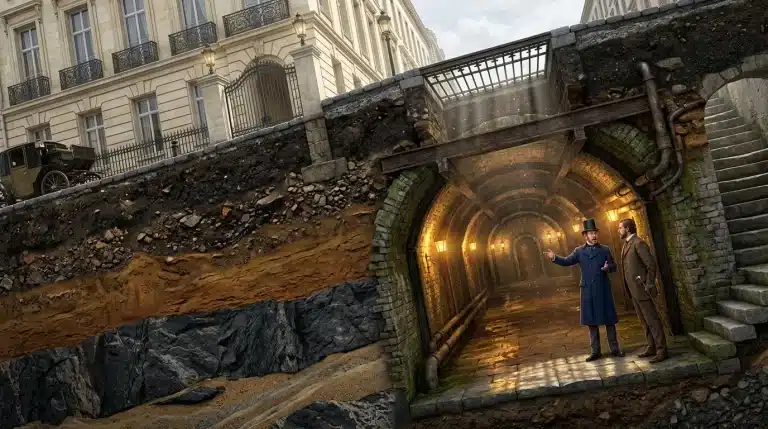Deux hommes dans tunnel illuminé sous bâtiment haussmannien
