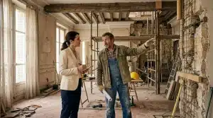 Femme en costume et ouvrier discutent dans bâtiment en rénovation