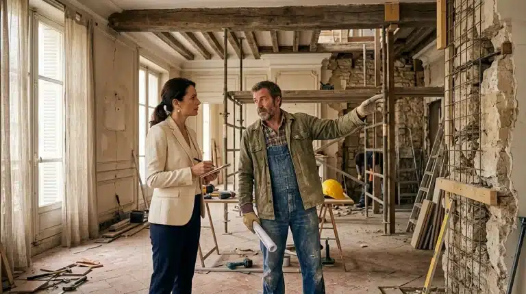 Femme en costume et ouvrier discutent dans bâtiment en rénovation