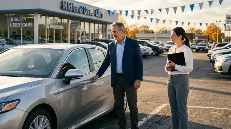Vendeur et cliente examinent voiture occasion concessionnaire