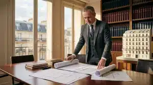 Homme en costume consultant plans architecturaux à son bureau