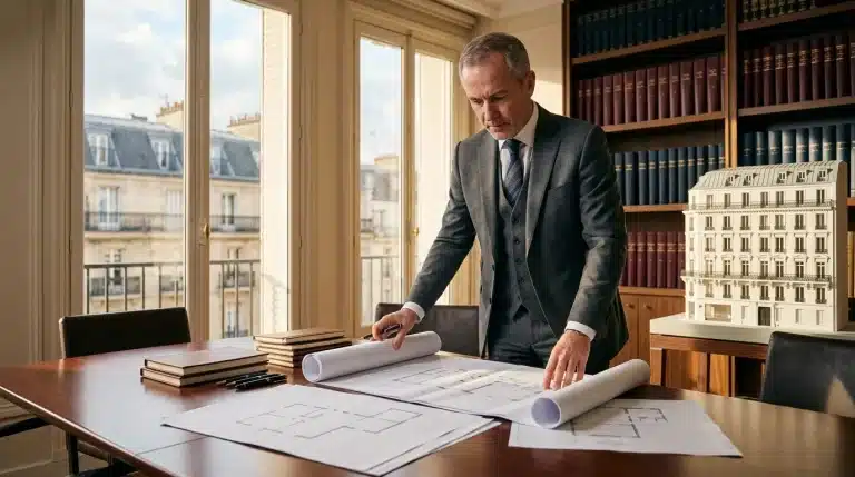 Homme en costume consultant plans architecturaux à son bureau
