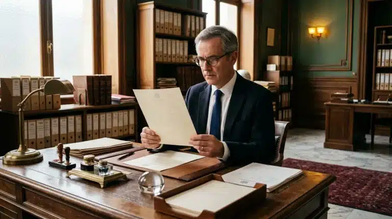 Homme en costume lisant document dans bureau juridique classique