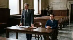 Deux hommes en costumes dans une salle de tribunal
