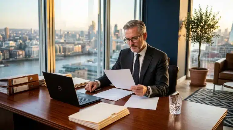 Homme d'affaires travaillant à son bureau avec vue urbaine