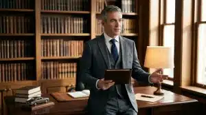 Homme d'affaires en costume gris tenant une tablette dans sa bibliothèque
