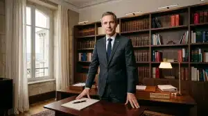 Homme en costume gris dans un bureau élégant avec bibliothèque