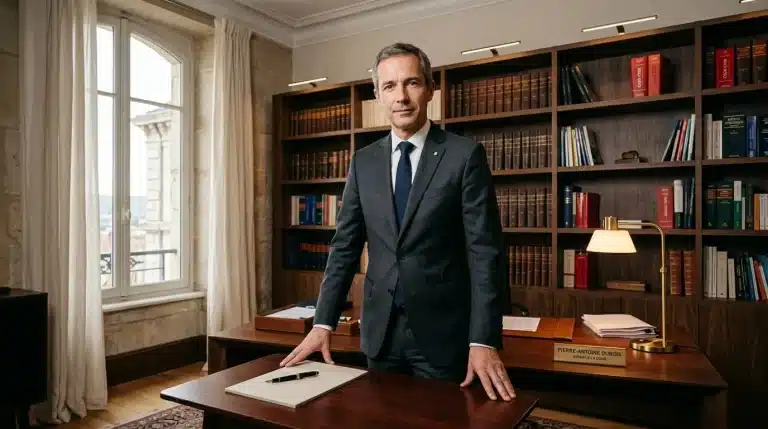 Homme en costume gris dans un bureau élégant avec bibliothèque