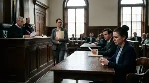 Avocats et juges dans une salle d'audience judiciaire solennelle