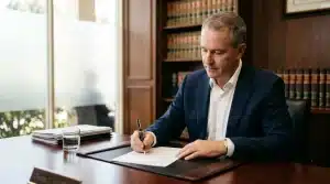 Homme en costume signant un document dans un bureau