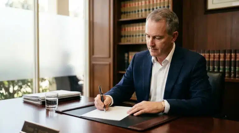 Homme en costume signant un document dans un bureau