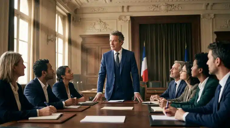 Homme en costume bleu préside réunion officielle avec collaborateurs