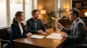 Trois professionnels en discussion autour d'une table de réunion