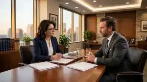 Deux professionnels en discussion dans un bureau moderne avec vue sur la ville
