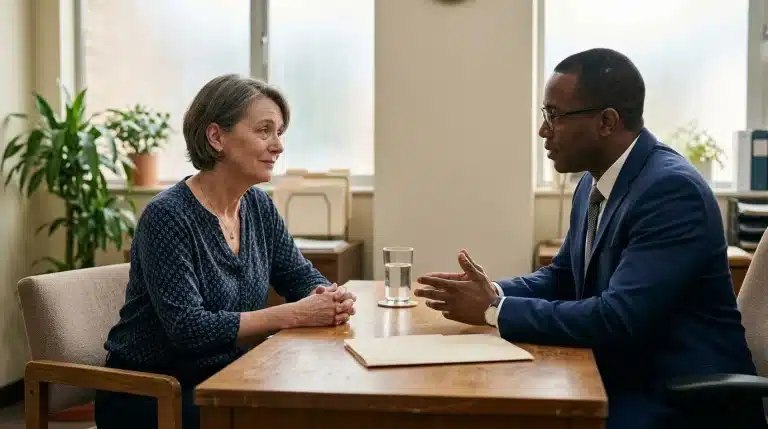 Deux professionnels en discussion dans un bureau moderne