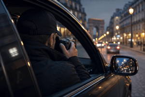 Détective privé réalisant une opération de surveillance discrète depuis un véhicule dans les rues de Paris dans le cadre d'une enquête privée.