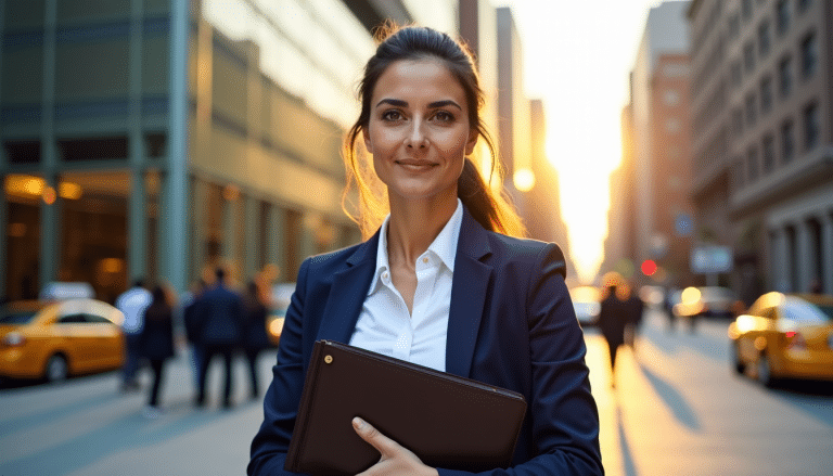 Entrepreneure non-résidente tenant un dossier dans un quartier d'affaires américain, illustrant la création d'une LLC aux USA et le développement d'une entreprise à l'international.