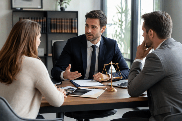 Avocat spécialisé conseillant un couple lors d'une consultation juridique en droit de la famille, du travail ou des affaires.